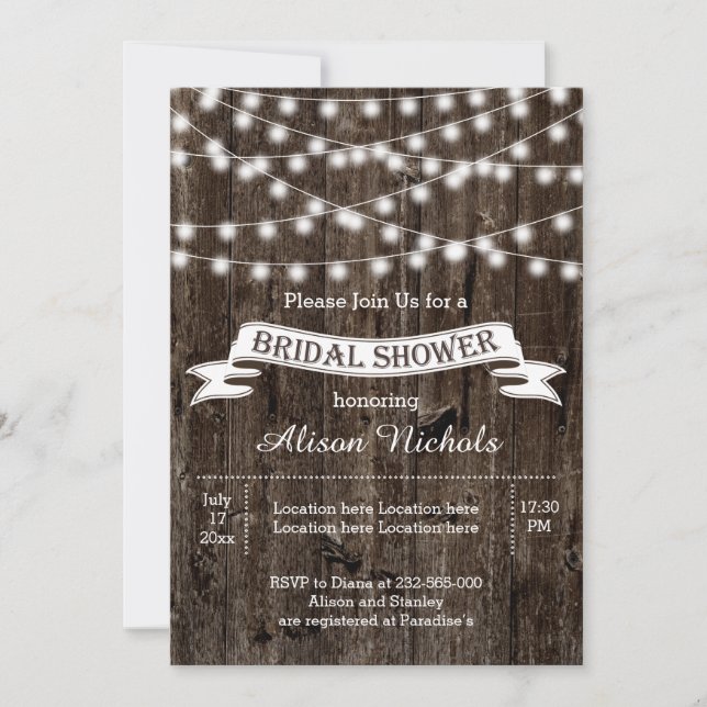 String of lights on old wood wedding bridal shower invitation (Front)