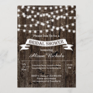 String of lights on old wood wedding bridal shower invitation