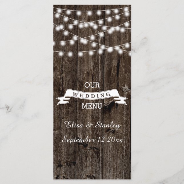 String of lights  on old wood wedding menu card (Front)