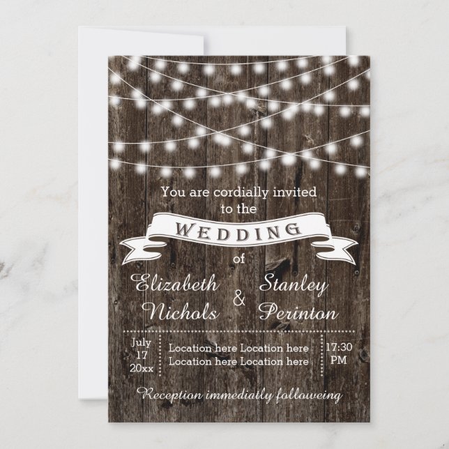 String of lights on wood and banner summer wedding invitation (Front)