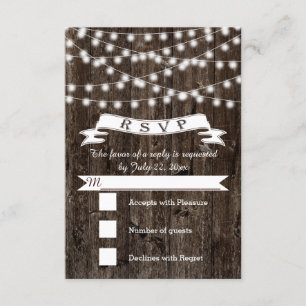 String of lights on wood and banner wedding RSVP Card