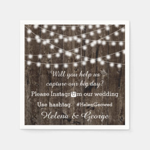 String of lights on wood & hashtag wedding napkin