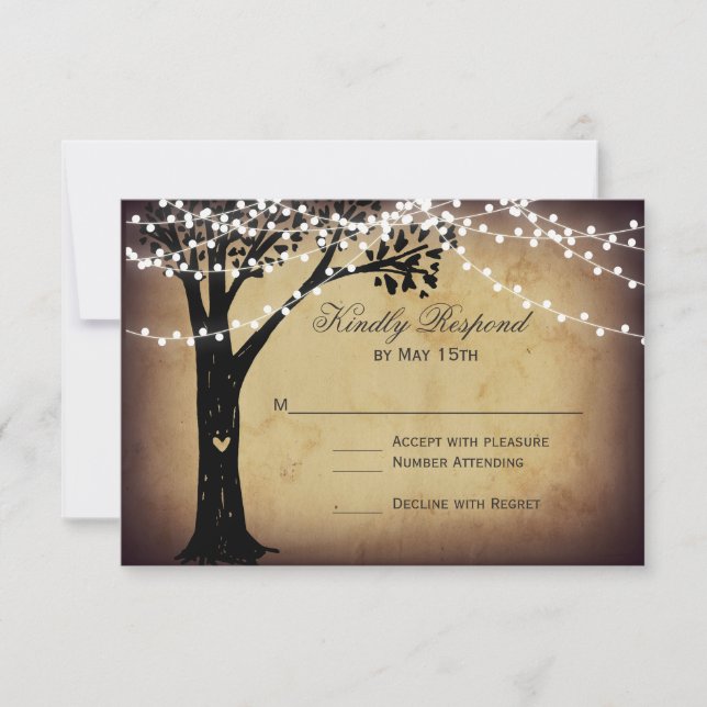 String of Lights Rustic Oak Tree Wedding RSVP Card (Front)