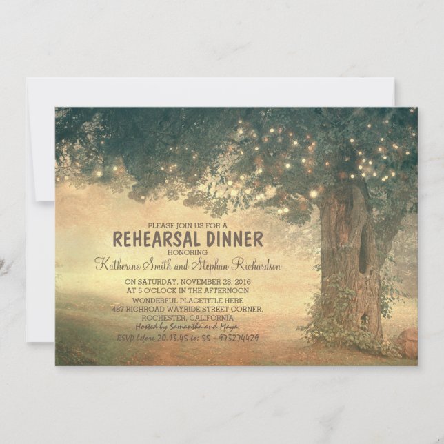 string of lights rustic tree rehearsal dinner invitation (Front)