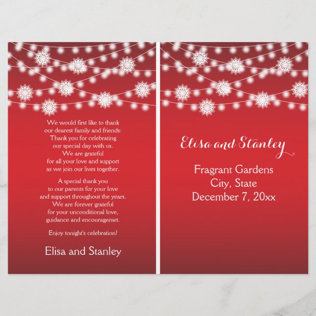 String of lights snowflakes red wedding program (Front)