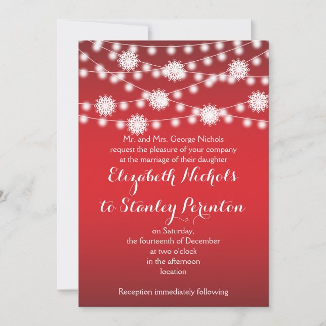 String of lights & white snowflakes red wedding invitation (Front)