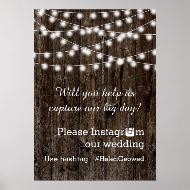 String of lights with Instagram hashtag wedding Poster (Front)