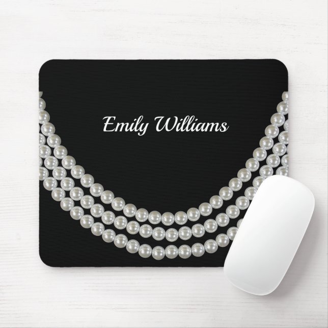 String of Pearls on black with name Mouse Mat (With Mouse)