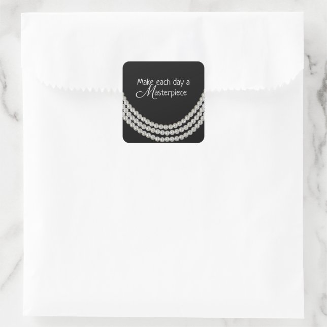 string of pearls on black with quote square sticker (Bag)