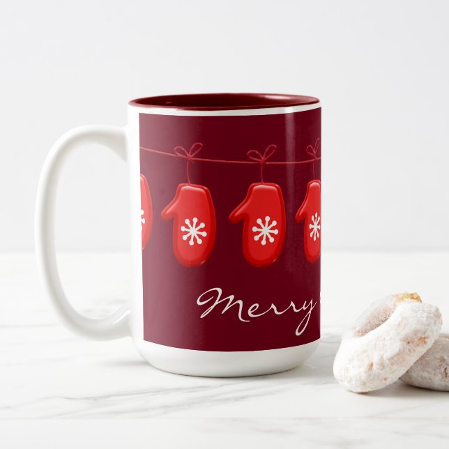 String of Red Mittens Custom Text Two-Tone Coffee Mug (With Donut)