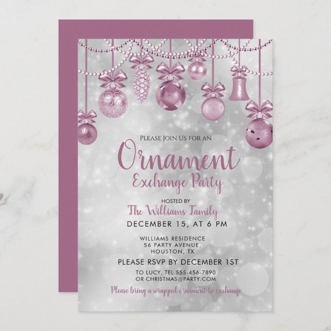 Stringed Ornaments Silver Bokeh Christmas Invitation (Front/Back)