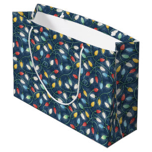 Strings of Christmas Tree Lights Blue Background Large Gift Bag