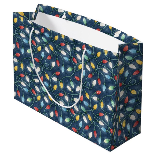 Strings of Christmas Tree Lights Blue Background Large Gift Bag (Back Angled)