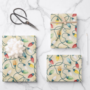Strings of Christmas Tree Lights Cream Background Wrapping Paper Sheet