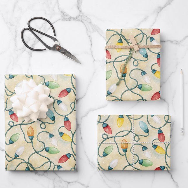 Strings of Christmas Tree Lights Cream Background Wrapping Paper Sheet (Front)