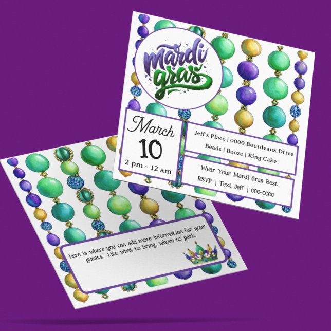 Strings of Colorful Mardi Gras Beads Invitation (Fully customize the front and back of your Mardi Gras bead inspired party invitation)