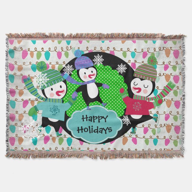 Strings of Lights Skating Penguins Holiday Throw (Front)