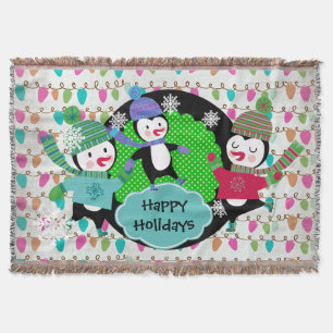 Strings of Lights Skating Penguins Holiday Throw Blanket