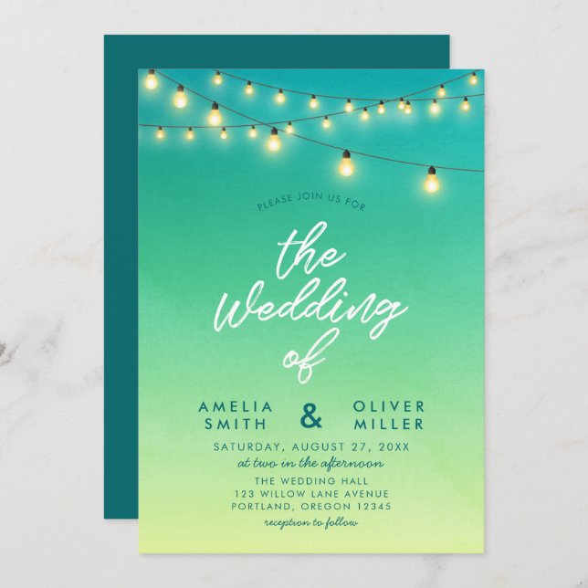 Strings of Lights Watercolor Sea Glass Wedding Invitation (Front/Back)