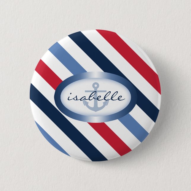 Stripe and Anchor Personalised Nautical Pattern 6 Cm Round Badge (Front)