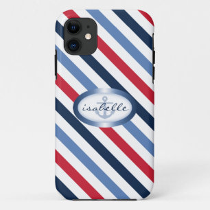 Stripe and Anchor Personalised Nautical Pattern iPhone 11 Case