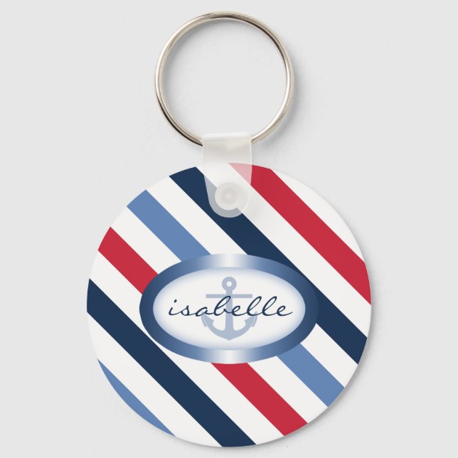 Stripe and Anchor Personalised Nautical Pattern Key Ring (Front)