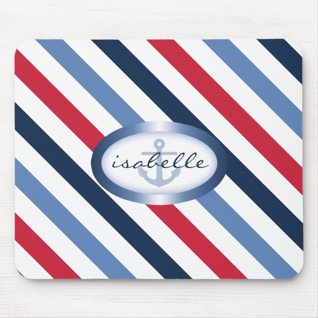 Stripe and Anchor Personalised Nautical Pattern Mouse Mat (Front)