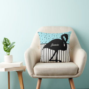 Stripe and Dots Modern Flamingo Black White Aqua Cushion