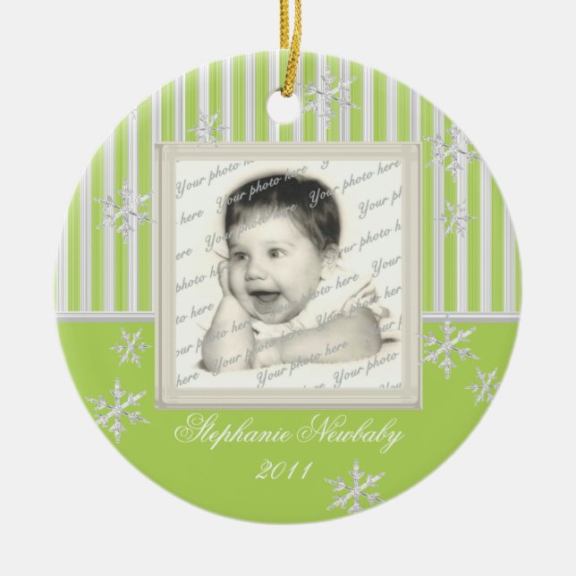 Stripe and Snowflakes Light Green Ceramic Tree Decoration (Front)