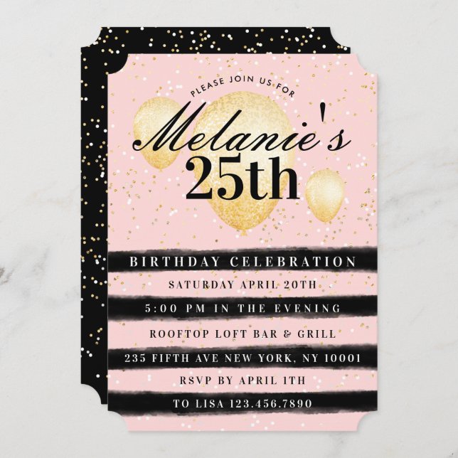 Stripe Black Pink Gold Balloon Birthday Invitation (Front/Back)