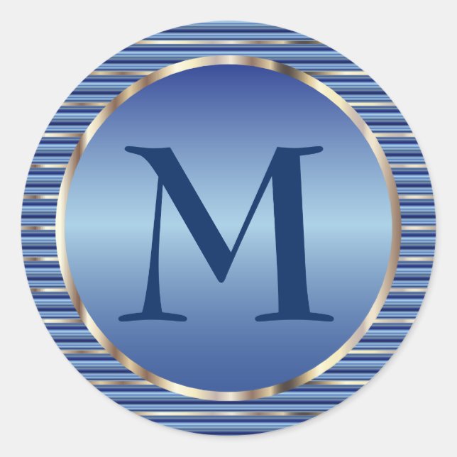 Stripe Blue & Silver Monogram Classic Round Sticker (Front)