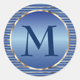 Stripe Blue & Silver Monogram Classic Round Sticker