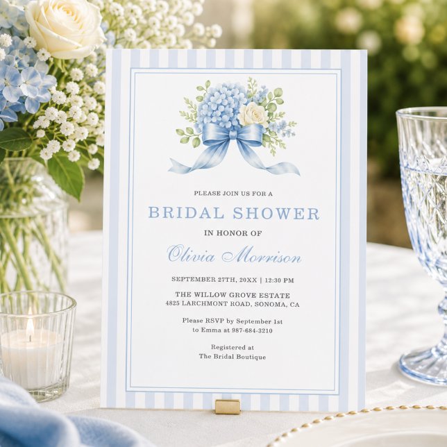 Stripe Bow Blue Hydrangea Flower Bridal Shower Invitation (Creator Uploaded)
