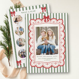 Stripe Bow Scalloped Christmas Year Review Photos Holiday Card
