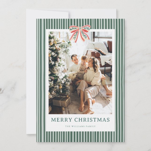 Stripe Bow Vintage Christmas Photo Holiday Card (Front)