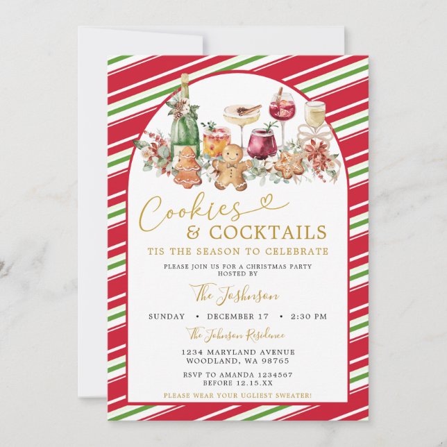 Stripe Cookies and Cocktail Classic Christmas Invitation (Front)