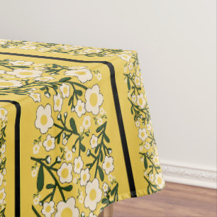 Stripe Dainty Flowers Lemon Yellow Background Tablecloth