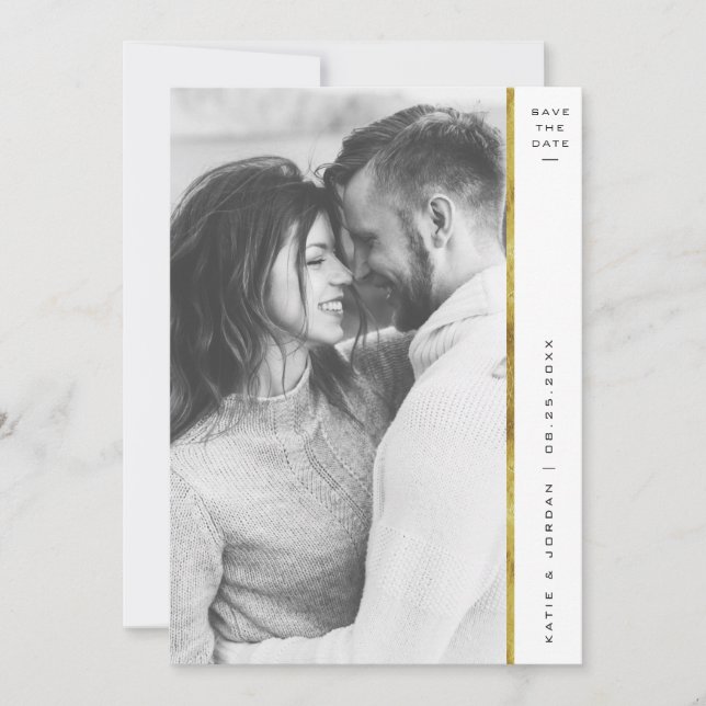 Stripe Faux Gold Foil Photo Save the Date Cards (Front)