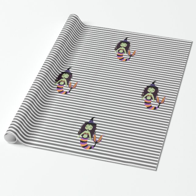 Stripe Halloween Mermaid Witch WRAP Wrapping Paper (Unrolled)