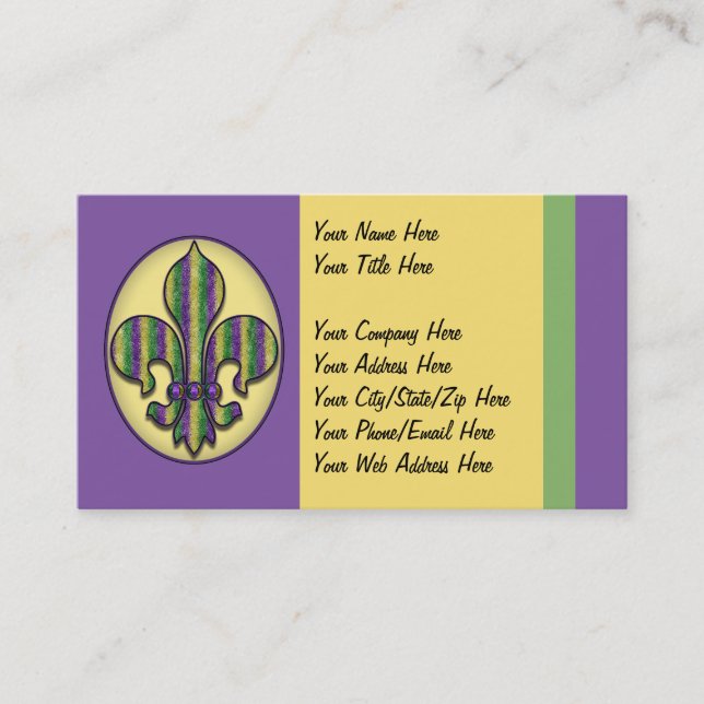 Stripe Mardi Gras Fleur de lis Business Card (Front)