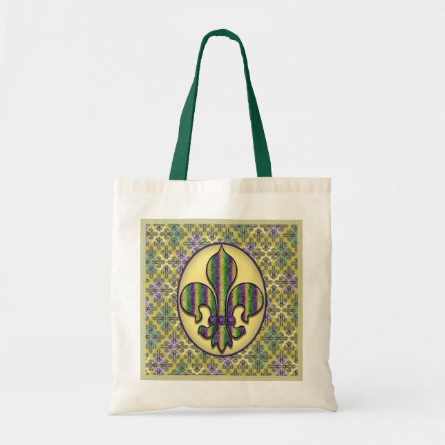 Stripe Mardi Gras Fleur de lis Tote Bag (Front)