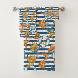 Stripe Marine Pattern Anchor Life Line Sea Shells Bath Towel Set