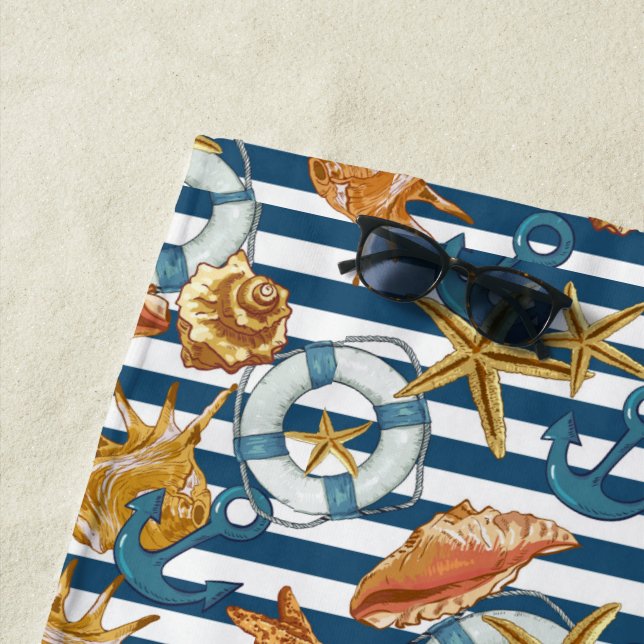 Stripe Marine Pattern Anchor Life Line Sea Shells  Beach Towel (In Situ)