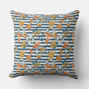 Stripe Marine Pattern Anchor Life Line Sea Shells  Cushion