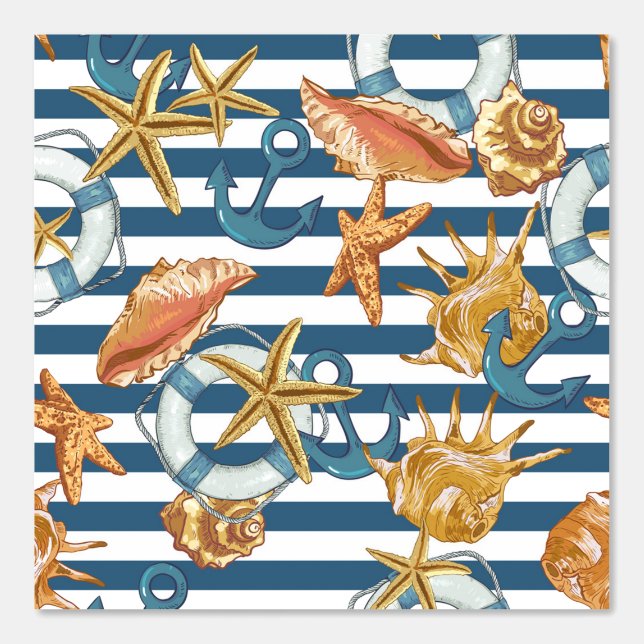 Stripe Marine Pattern Anchor Life Line Sea Shells  Wallpaper (Front)