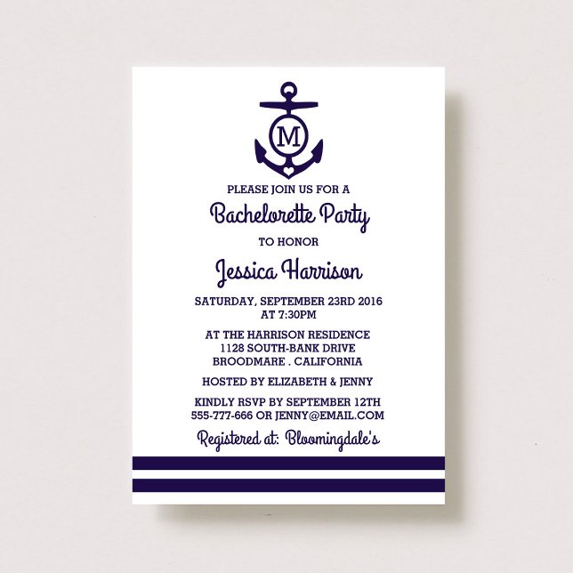 Stripe Monogram Anchor Nautical Bachelorette Party Invitation (Creator Uploaded)