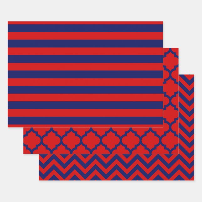 Stripe Moroccan Chevron DIY Colours Red Blue Wrapping Paper Sheet (Set)