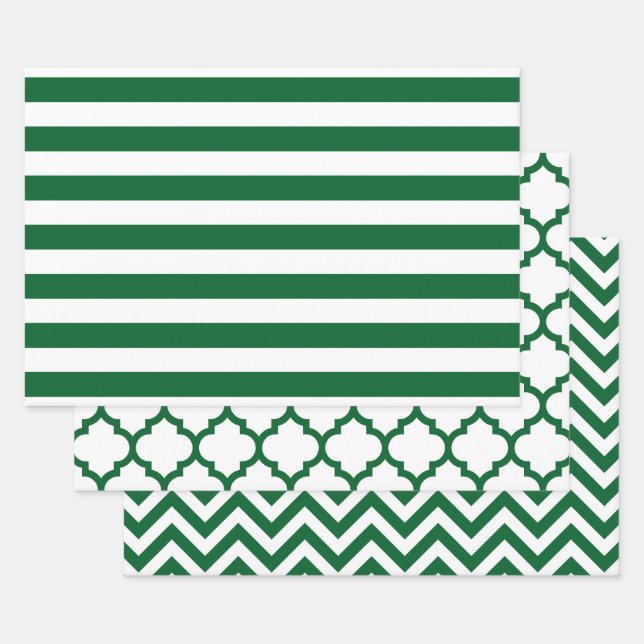 Stripe Moroccan Chevron DIY Colours White Green Wrapping Paper Sheet (Set)