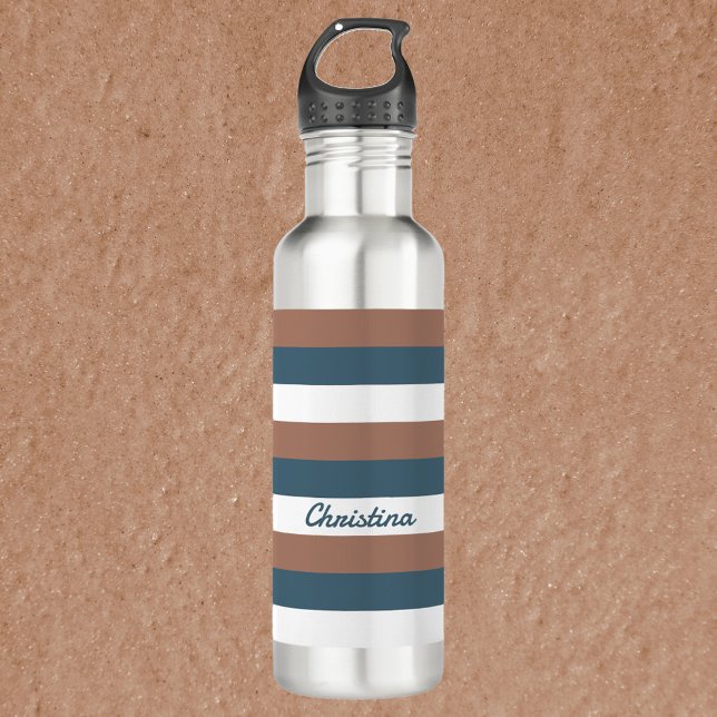 Stripe Pattern Brown Teal White Personalise 710 Ml Water Bottle (A water bottle with brown, teal and white stripes.  The text can be personalized!)