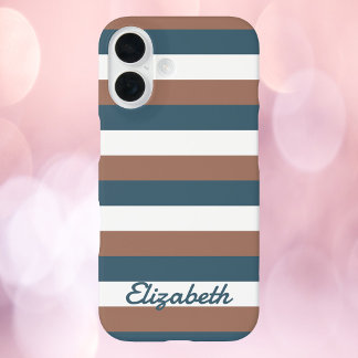 Stripe Pattern Brown Teal White Personalise iPhone 16 Case